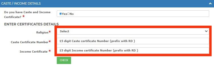 Login post matric Enter caste and income certificate details.