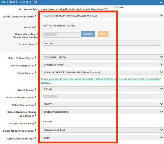 Login post matric Enter college and course info.