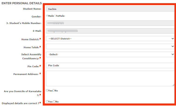 Login post matric Enter personal details